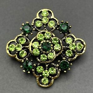 Yellow Gold with Emerald and Peridot Green Crystal Ornate Pin Back Brooch
